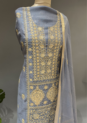 Chikankari Tissue Unstitched Kurta and Dupatta - Cashmere Blue