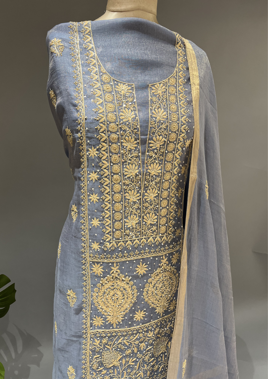 Chikankari Tissue Unstitched Kurta and Dupatta - Cashmere Blue