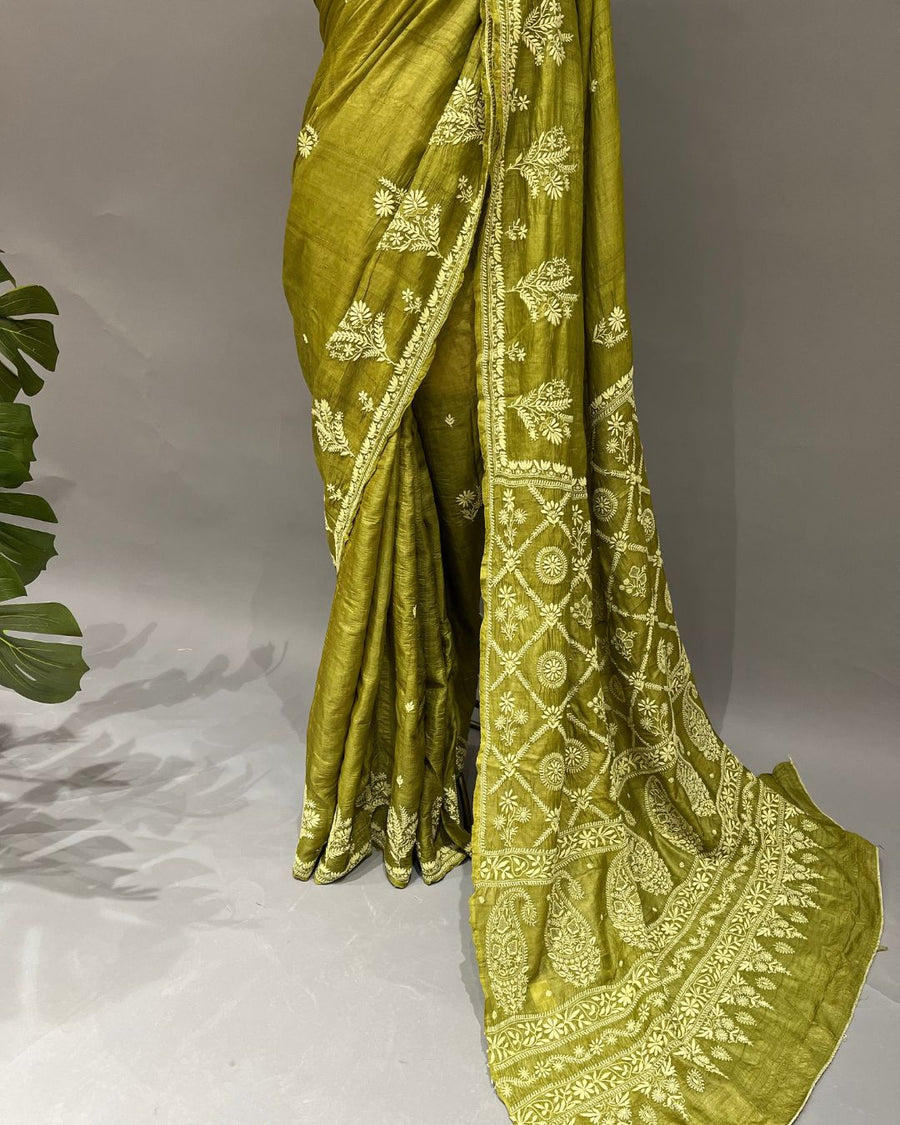 Tussar Silk Chikankari Saree - Olive Green