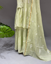 Mul Chanderi Chikankari Sharara Set - Gris Green
