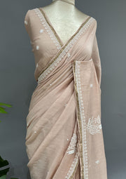 Mul Chanderi Chikankari Saree - Nude Peach