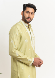 Tissue Chanderi Chikankari Men's Kurta - Green