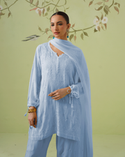 Viscose Chikankari Kurta Pant Set - Powder Blue Ombre