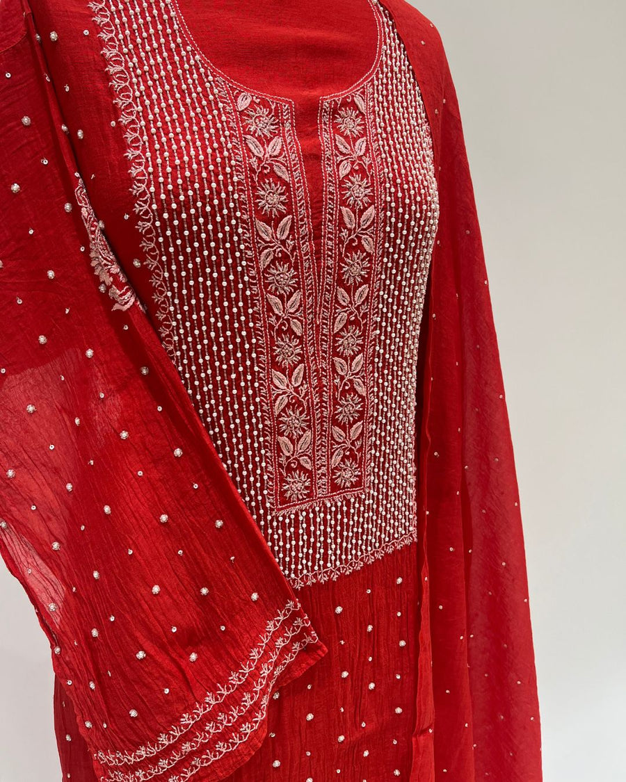 Mul Chanderi Chikankari Unstitched 2pc Suit - Candy Red