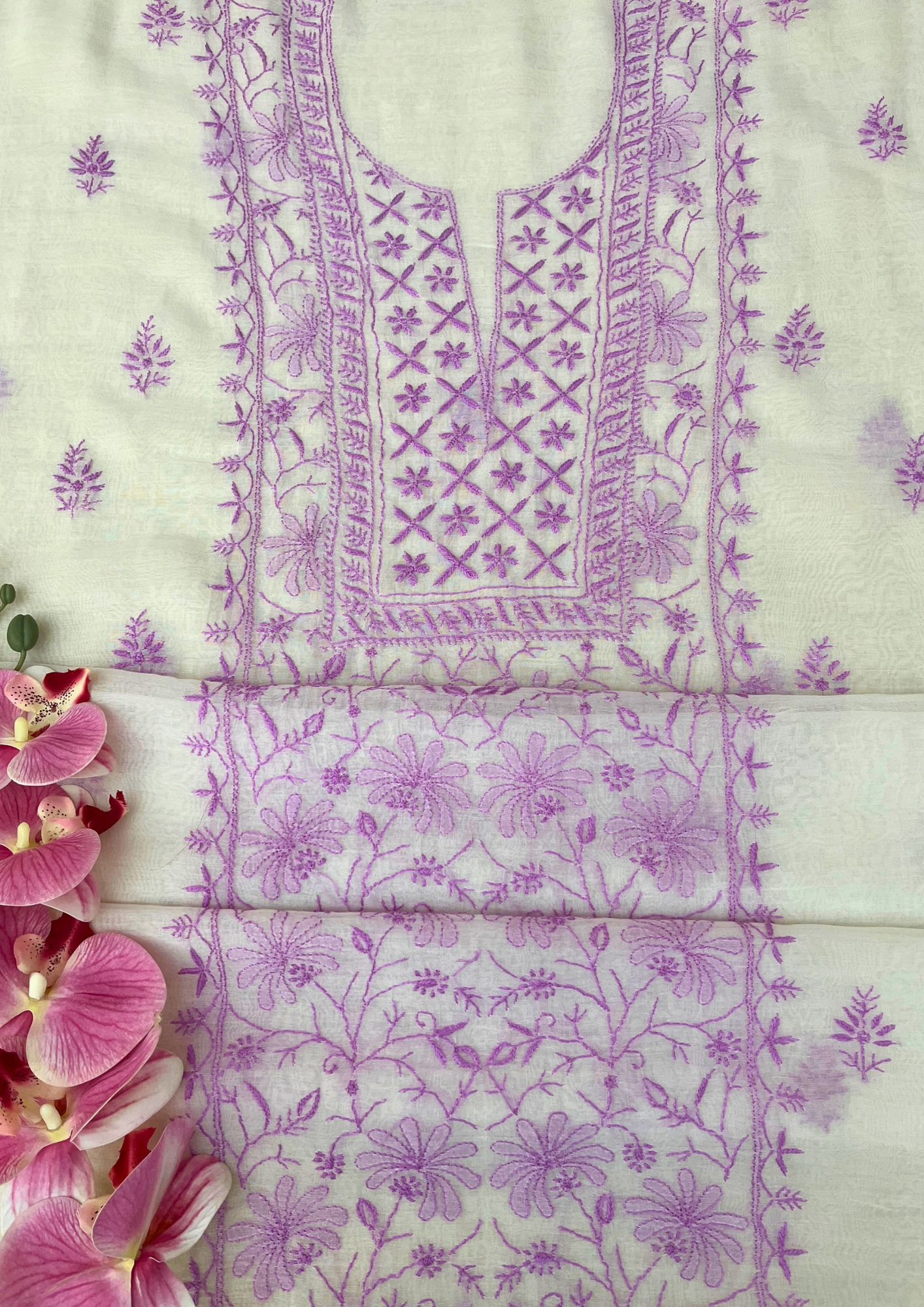 Chikankari Mul Chanderi Unstitched Suit - White and Purple