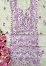 Chikankari Mul Chanderi Unstitched Suit - White and Purple