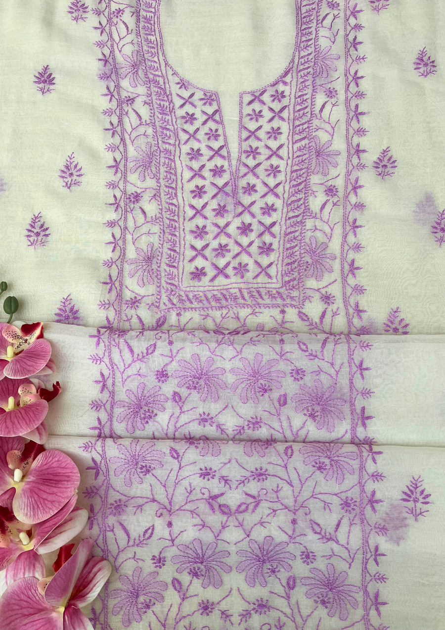 Chikankari Mul Chanderi Unstitched Suit - White and Purple