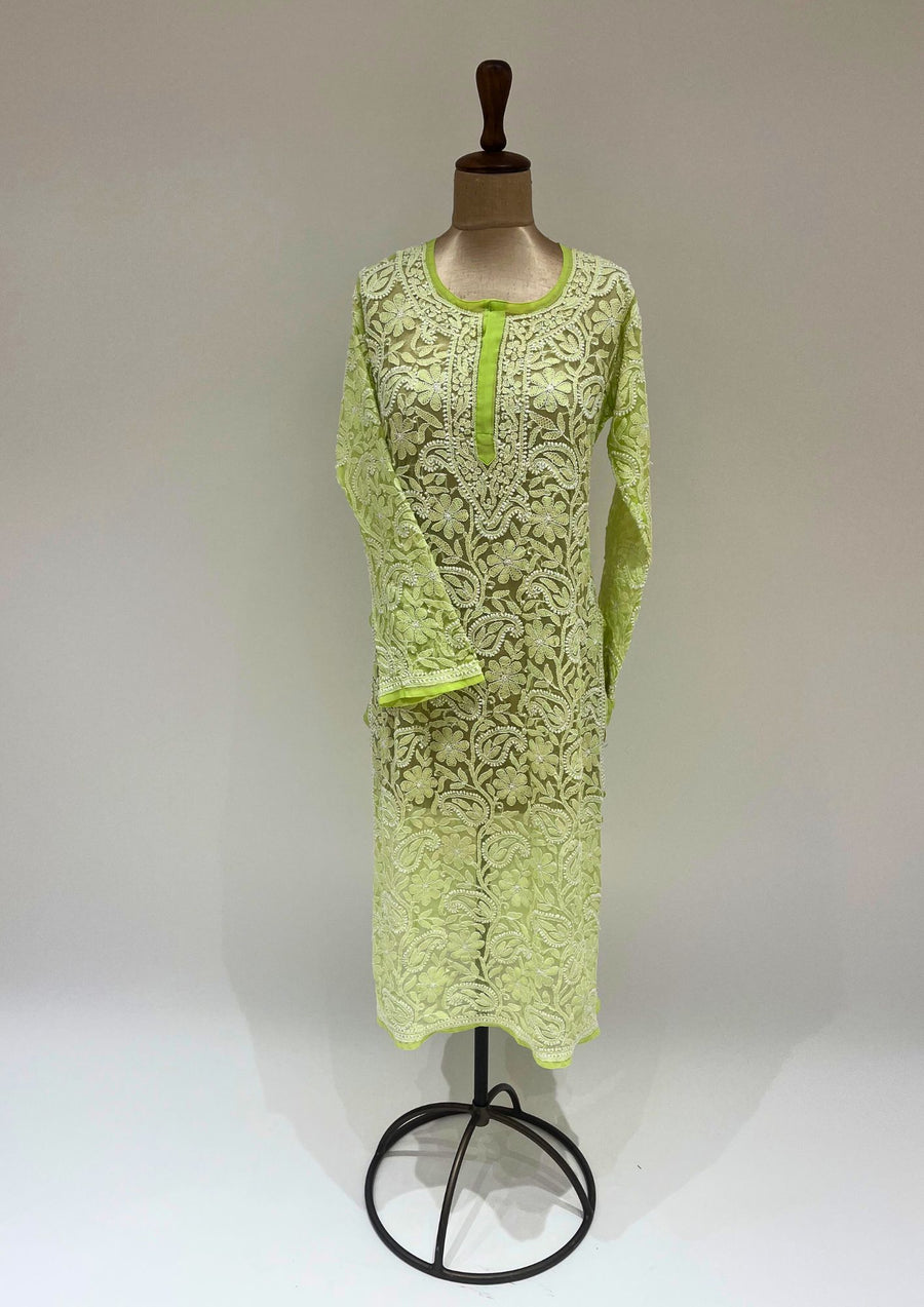 Georgette Chikankari Long Kurti - Lime Green
