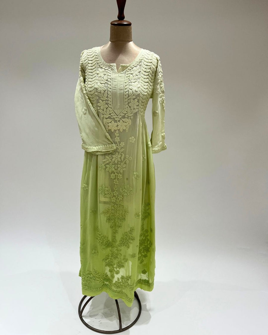Viscose Anarkali Chikankari Kurta - Green Grape