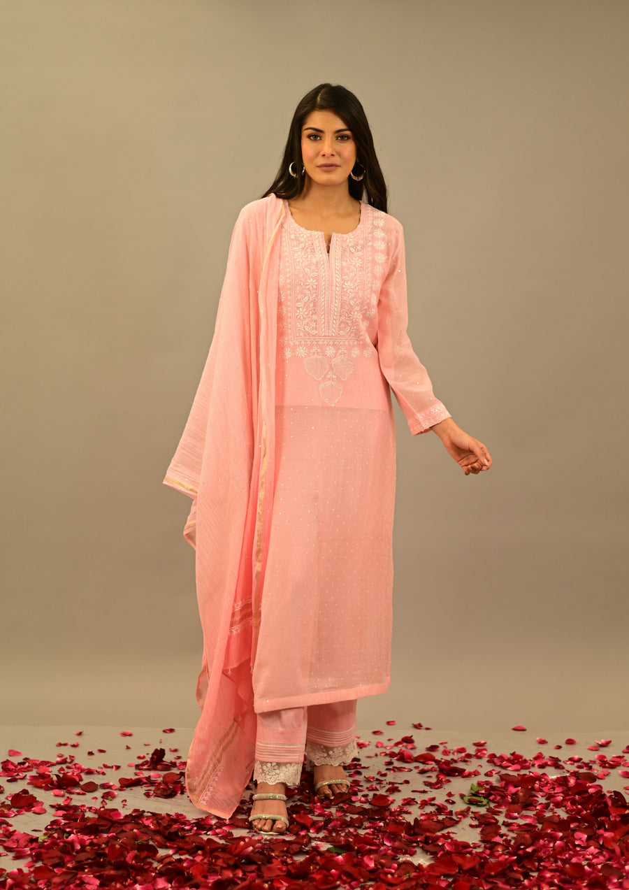 Women's Handcrafted Mul Chanderi Chikankari Kurta, Dupatta And Pant Set - Soft pink