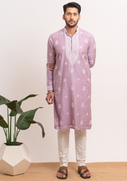 Tissue Chanderi Chikankari Men's Kurta - Lilac Chikankari Men's Kurta - Lilac