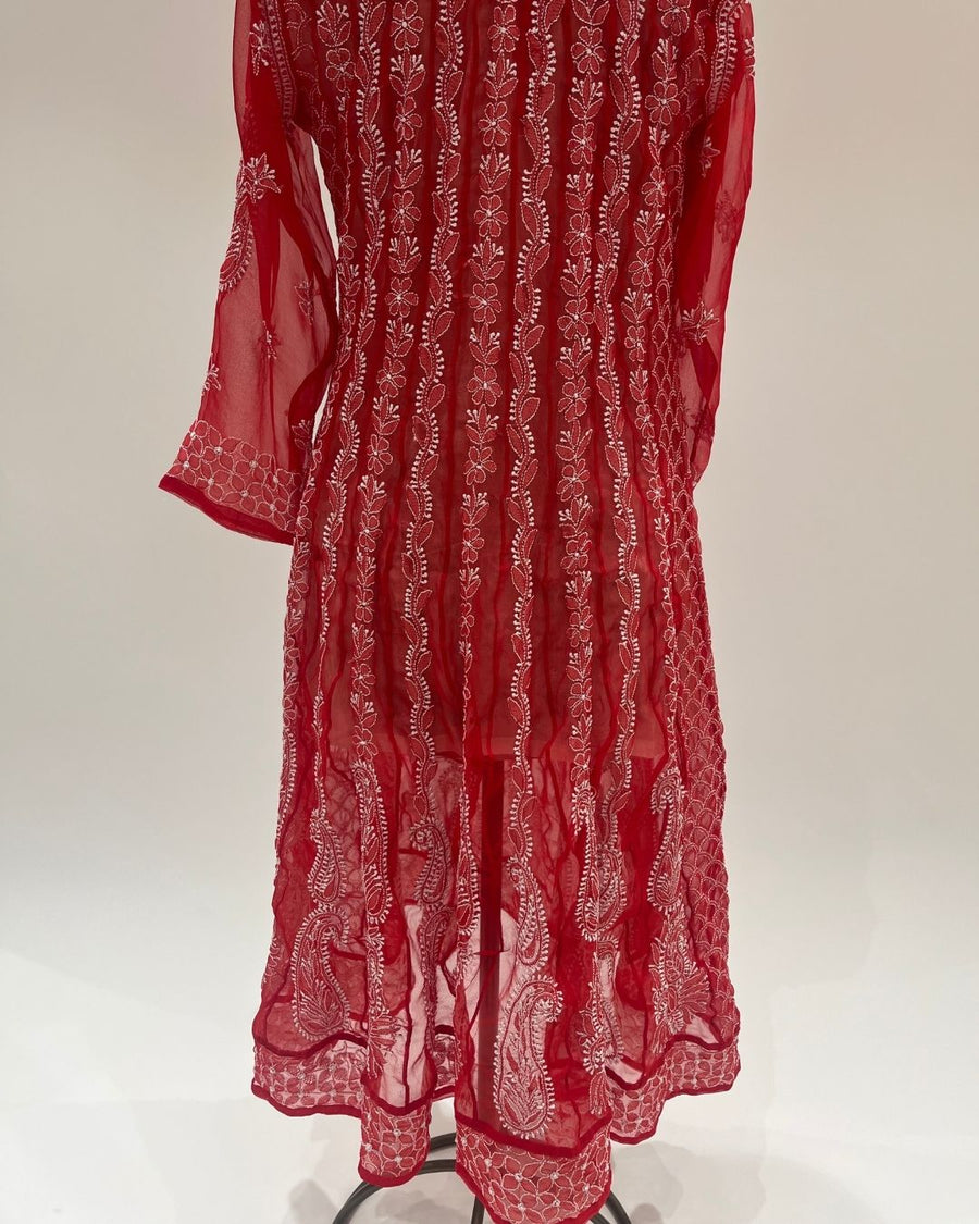 Georgette Anarkali Chikankari Kurta- Apple Red