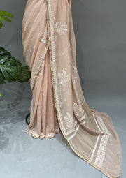 Mul Chanderi Chikankari Saree - Nude Peach