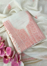 Chikankari Linen Unstitched Suit - White and Peach