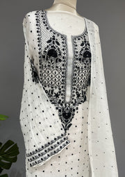 Mul Chanderi Chikankari Unstitch 2pc Suit - White & Black