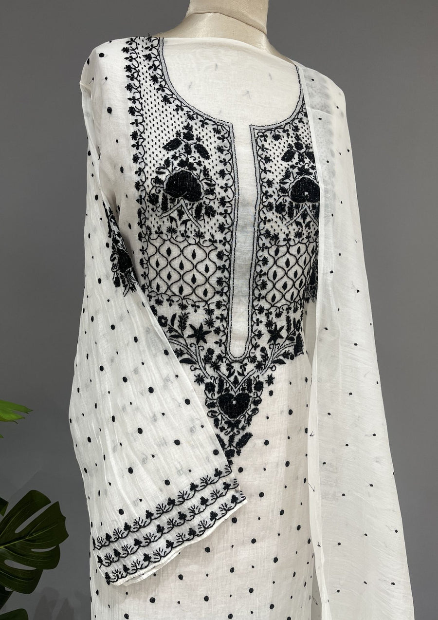 Mul Chanderi Chikankari Unstitch 2pc Suit - White & Black