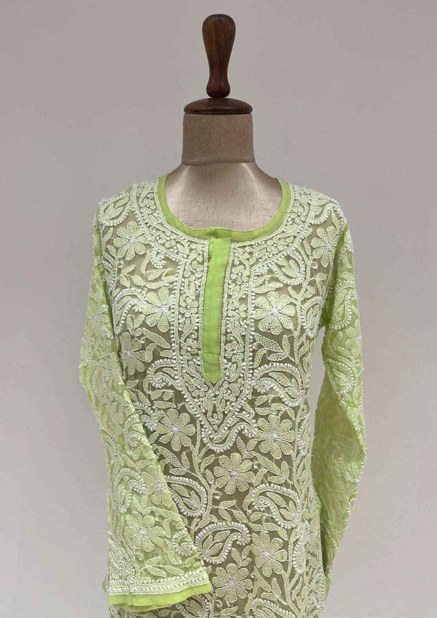 Georgette Chikankari Long Kurti - Lime Green