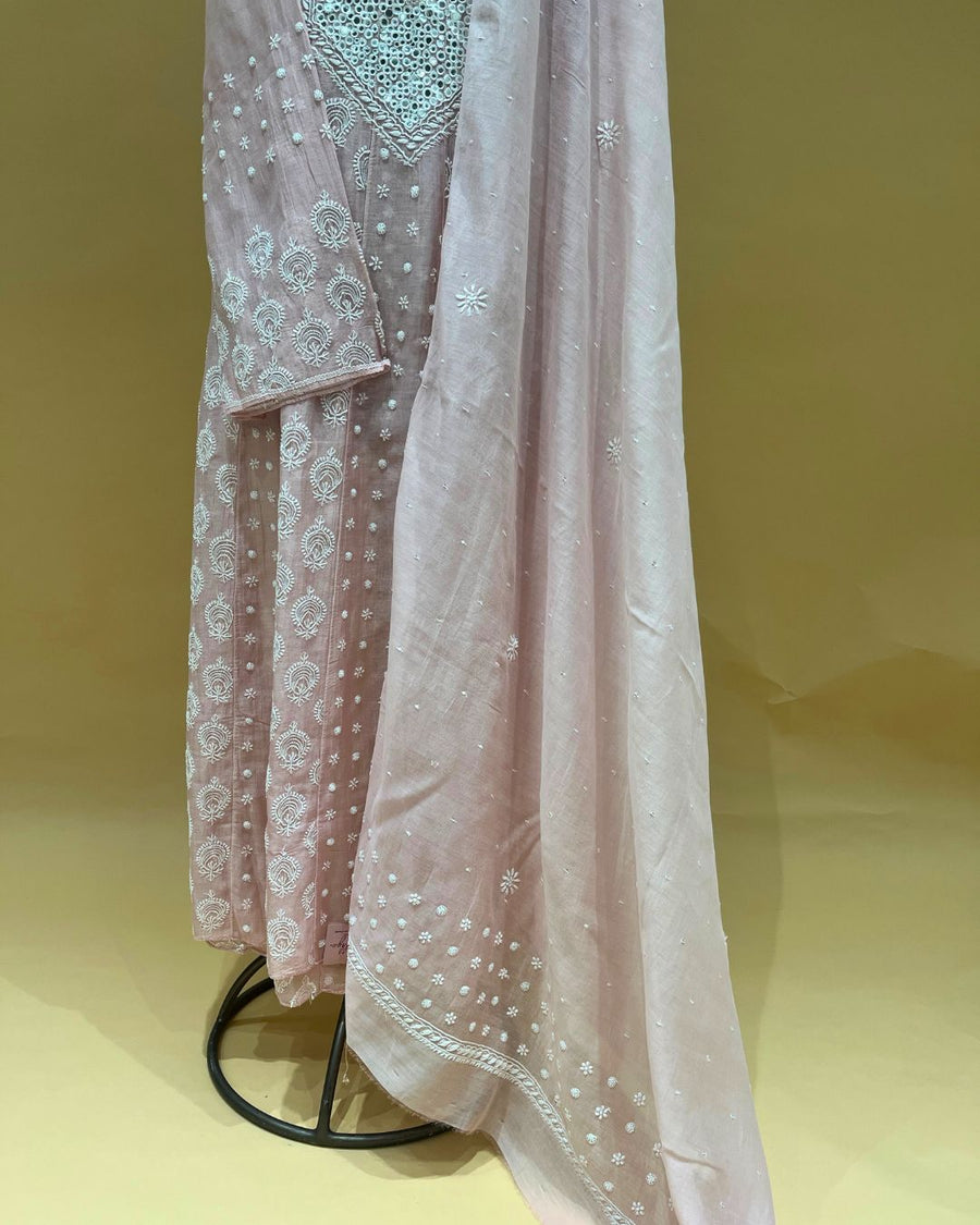 Mul Chikankari Unstitched Anarkali - Blush Pink