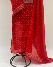 Mul Chanderi Chikankari Unstitched 2pc Suit - Candy Red