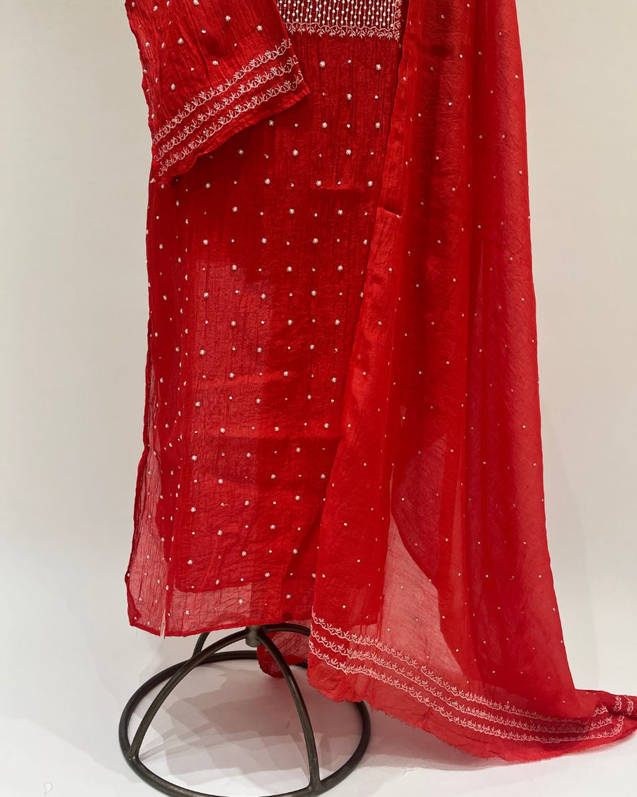 Mul Chanderi Chikankari Unstitched 2pc Suit - Candy Red