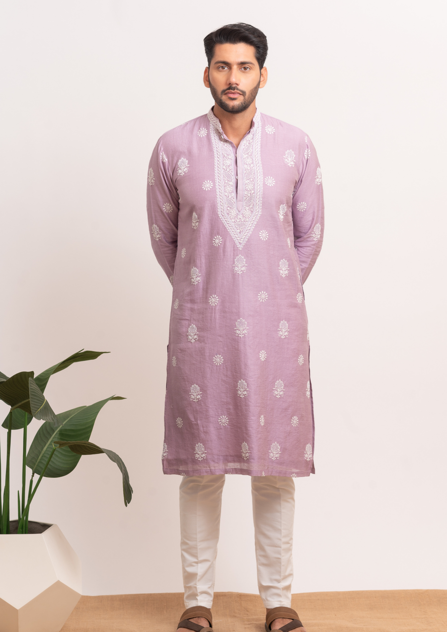 Tissue Chanderi Chikankari Men's Kurta - Lilac Chikankari Men's Kurta - Lilac