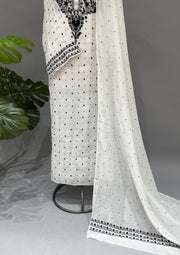 Mul Chanderi Chikankari Unstitch 2pc Suit - White & Black