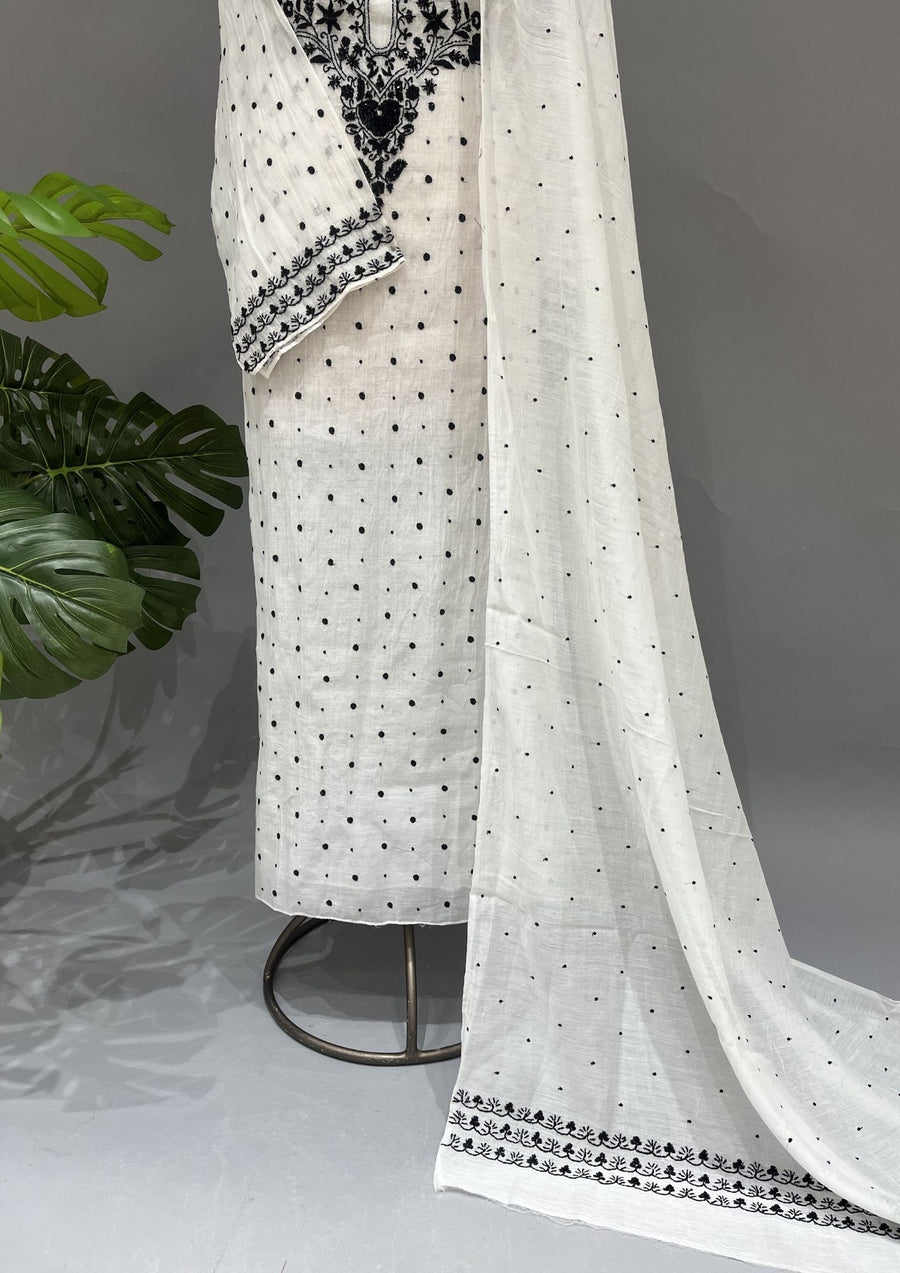 Mul Chanderi Chikankari Unstitch 2pc Suit - White & Black