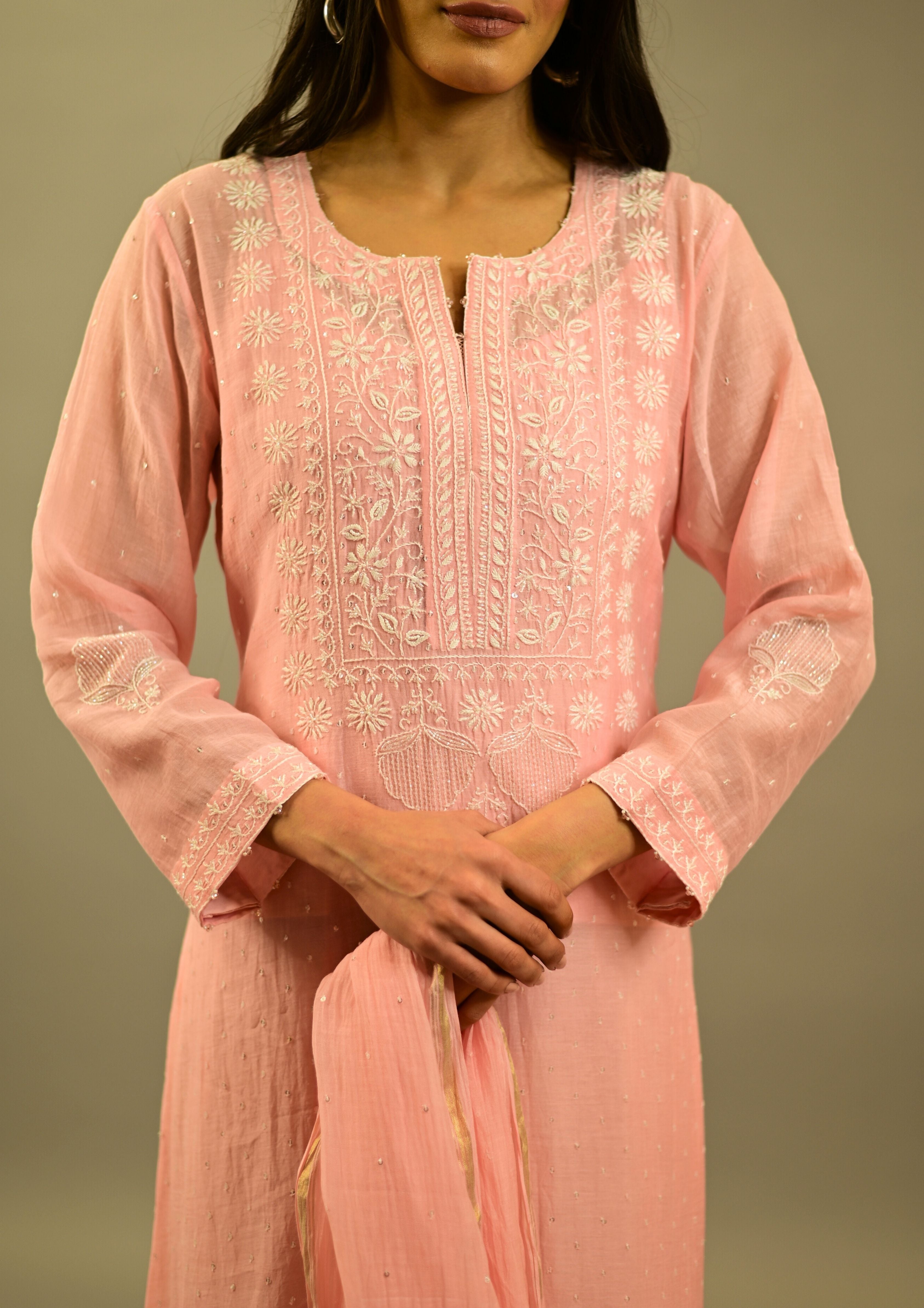 Women's Handcrafted Mul Chanderi Chikankari Kurta, Dupatta And Pant Set - Soft pink