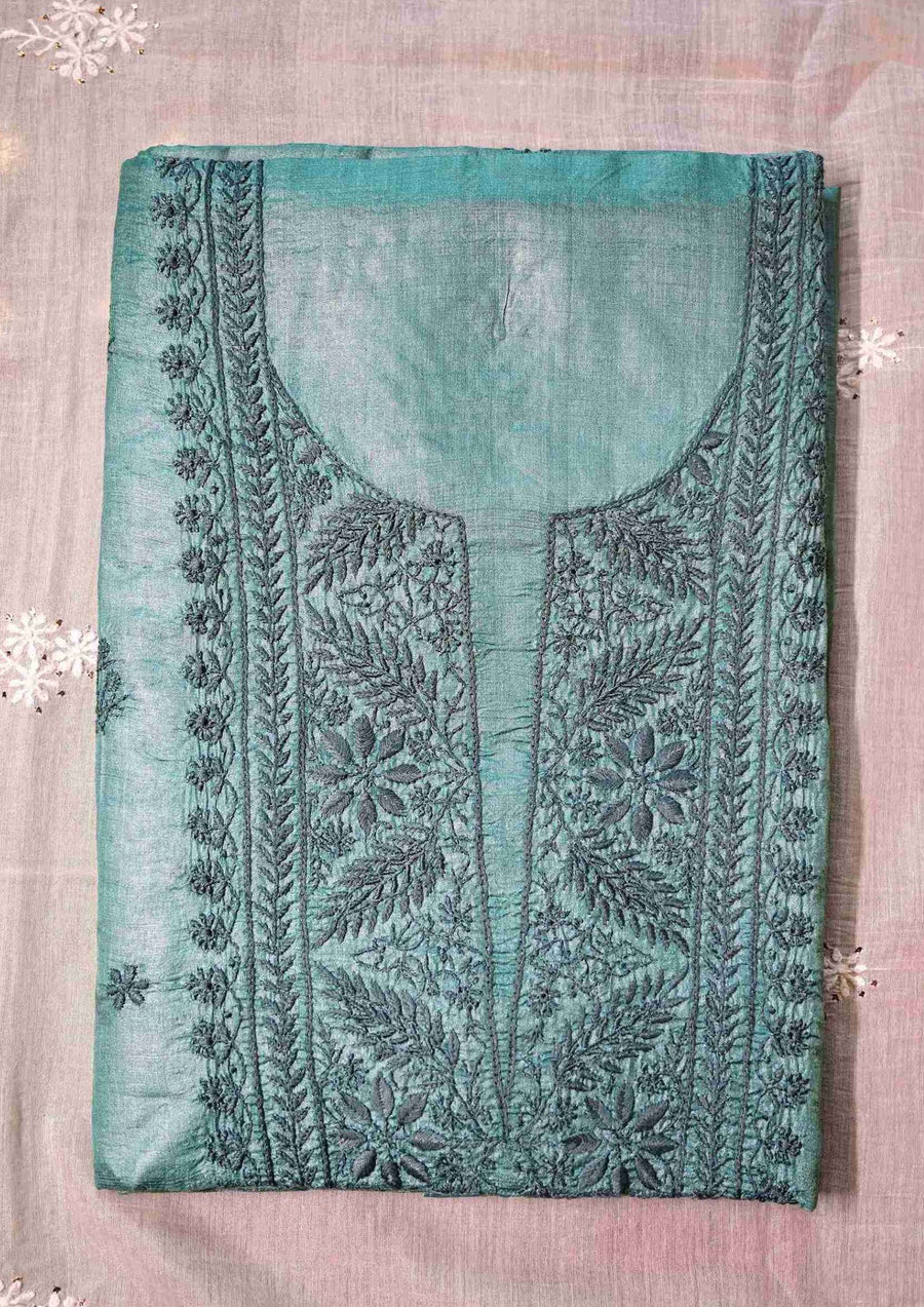 Women's Handcrafted Green Silk Unstitched Kurta And Dupatta Set - 121972