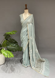 Mul Chanderi Chikankari Saree - Robin Egg Blue