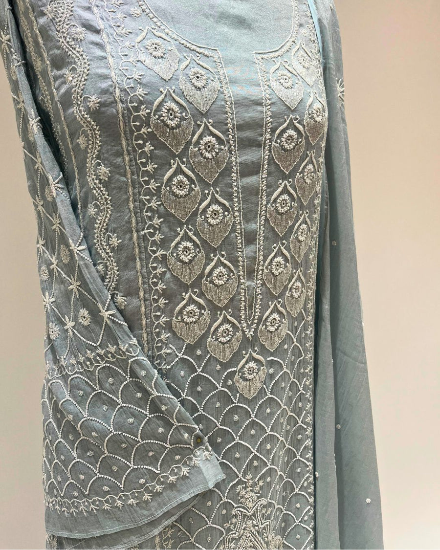 Tissue Chikankari Unstitched Anarkali - Clear Sky