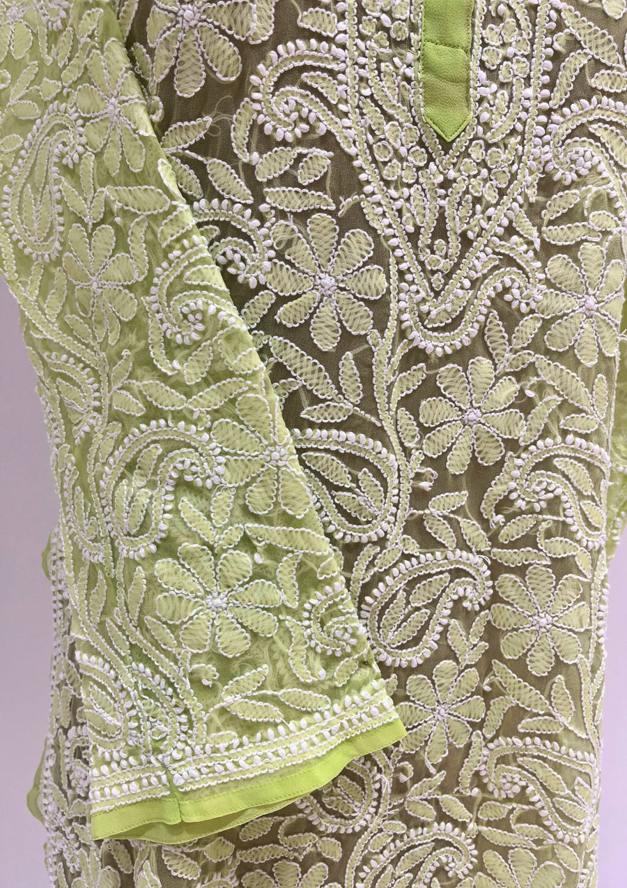 Georgette Chikankari Long Kurti - Lime Green