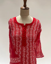 Georgette Anarkali Chikankari Kurta- Apple Red