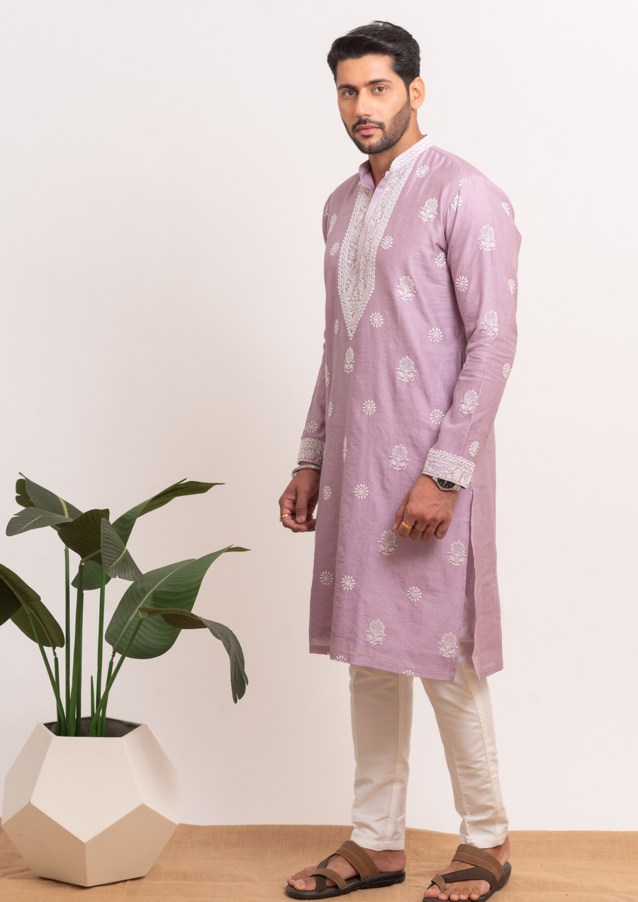 Tissue Chanderi Chikankari Men's Kurta - Lilac Chikankari Men's Kurta - Lilac