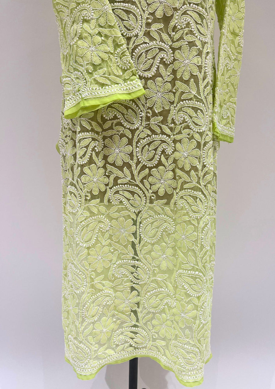 Georgette Chikankari Long Kurti - Lime Green