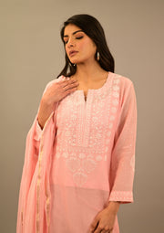 Women's Handcrafted Mul Chanderi Chikankari Kurta, Dupatta And Pant Set - Soft pink