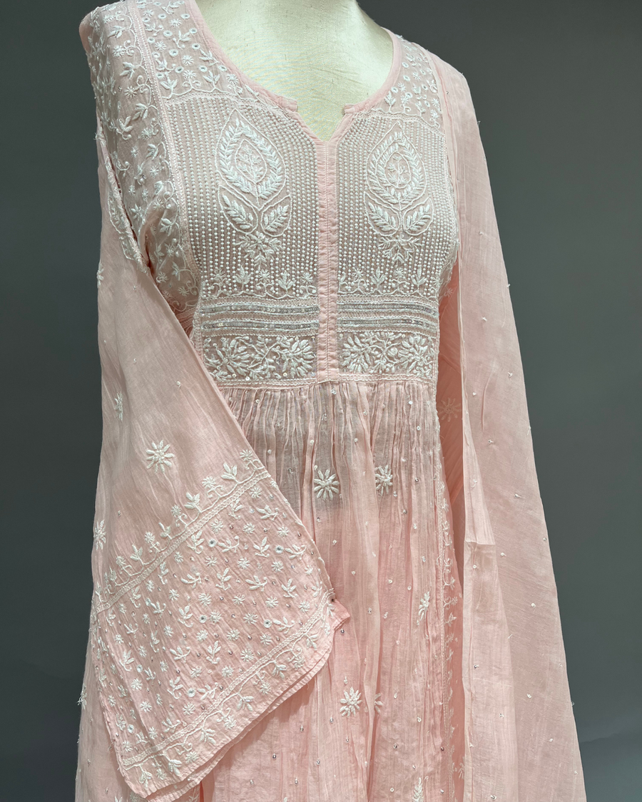 Mul Chanderi Chikankari Sharara Set - Blush Pink