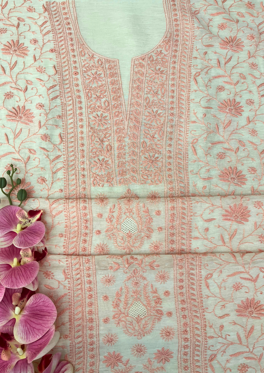 Chikankari Linen Unstitched Suit - White and Peach