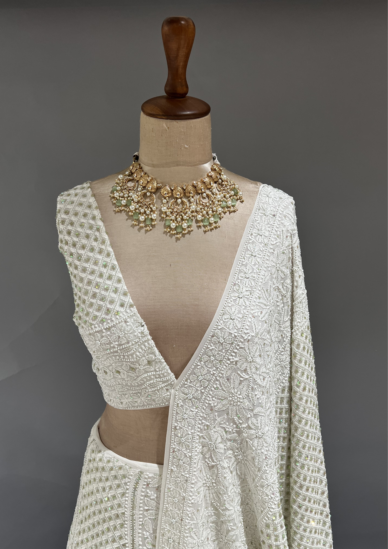 Pure Georgette Chikankari Unstitched Lehenga - Ivory & Green