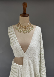Pure Georgette Chikankari Unstitched Lehenga - Ivory & Green