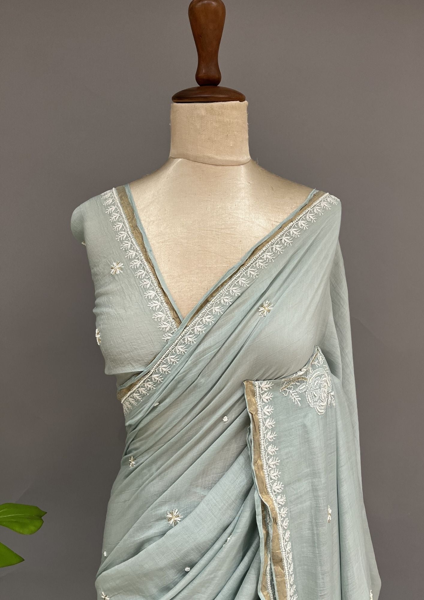 Mul Chanderi Chikankari Saree - Robin Egg Blue