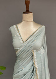 Mul Chanderi Chikankari Saree - Robin Egg Blue