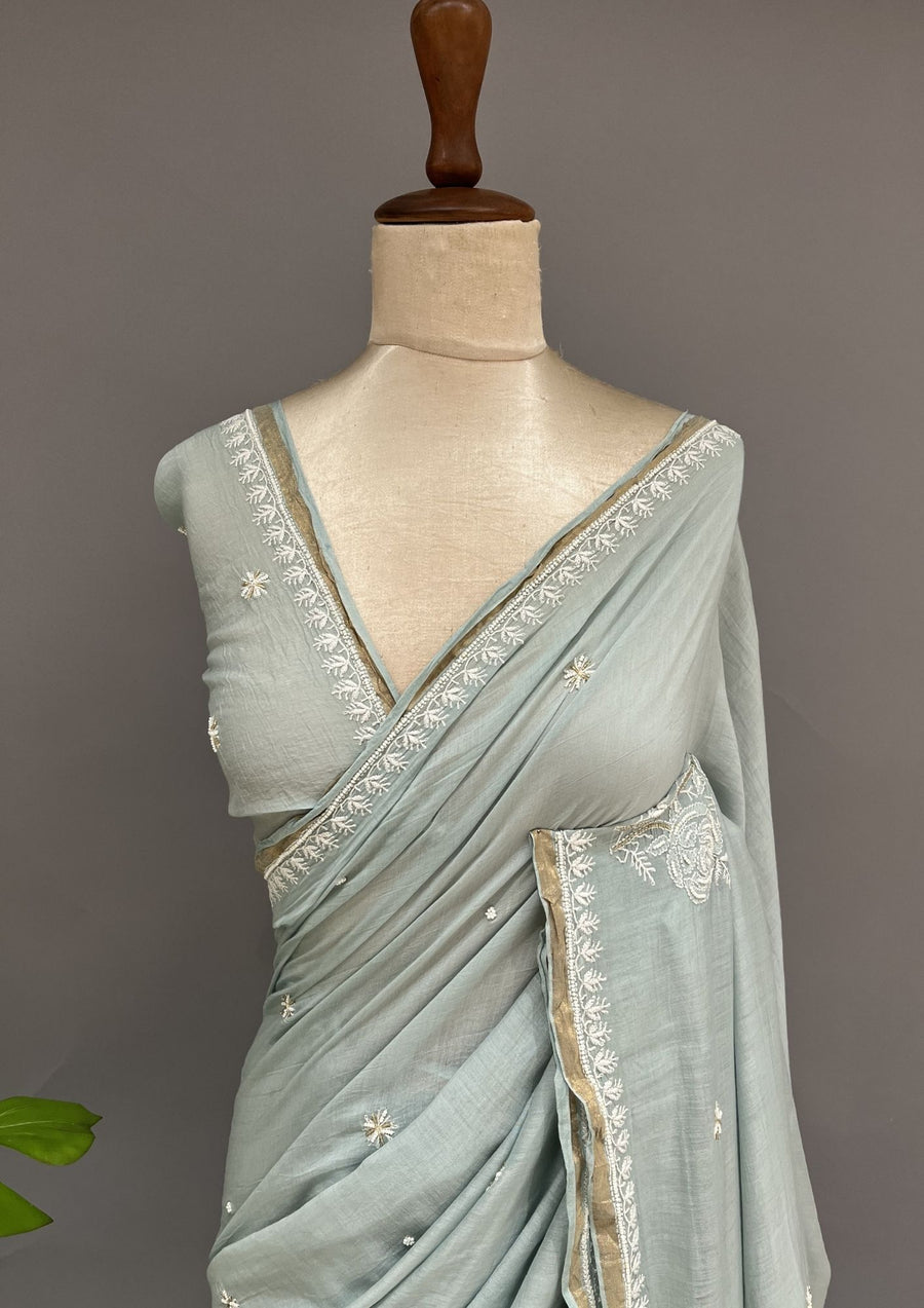 Mul Chanderi Chikankari Saree - Robin Egg Blue