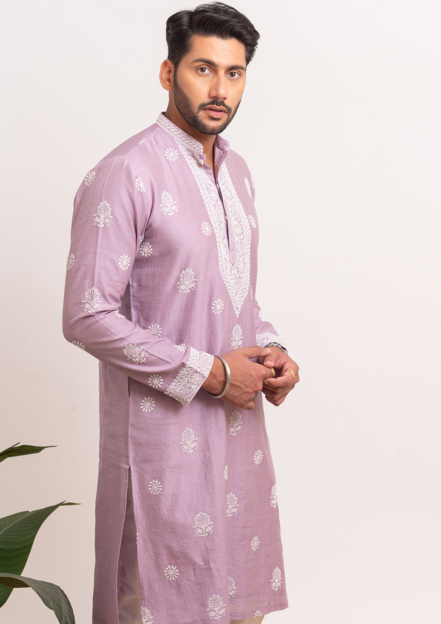 Tissue Chanderi Chikankari Men's Kurta - Lilac Chikankari Men's Kurta - Lilac