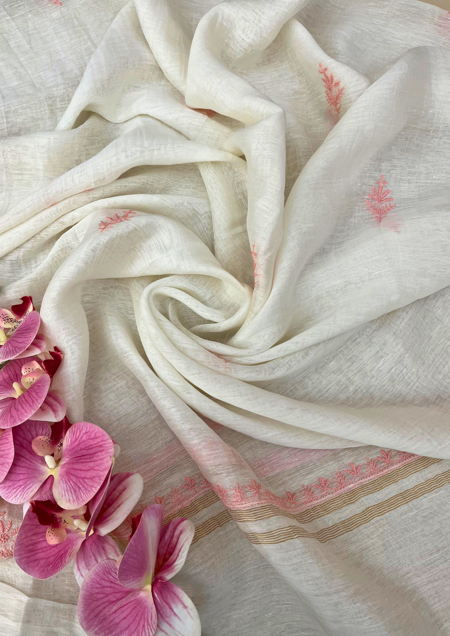 Chikankari Linen Unstitched Suit - White and Peach