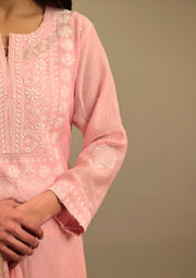 Women's Handcrafted Mul Chanderi Chikankari Kurta, Dupatta And Pant Set - Soft pink