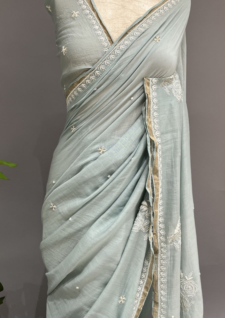 Mul Chanderi Chikankari Saree - Robin Egg Blue