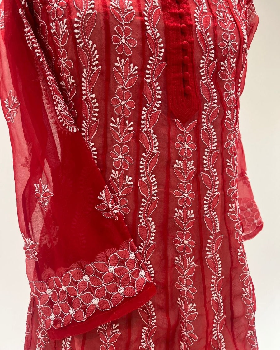 Georgette Anarkali Chikankari Kurta- Apple Red