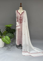 Mul Chanderi Chikankari Unstitch 2pc Anarkali - White & Red