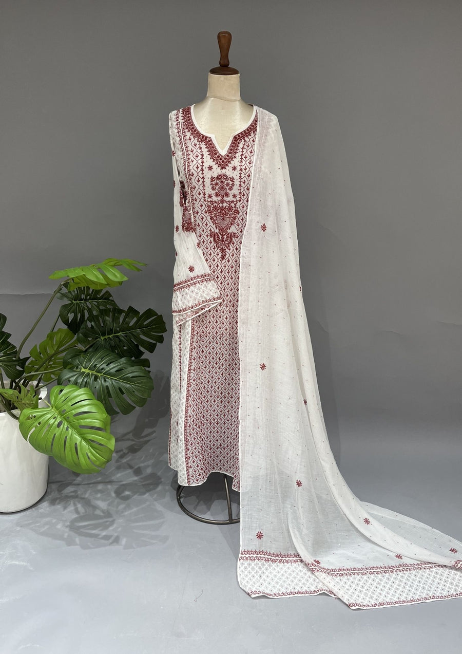 Mul Chanderi Chikankari Unstitch 2pc Anarkali - White & Red